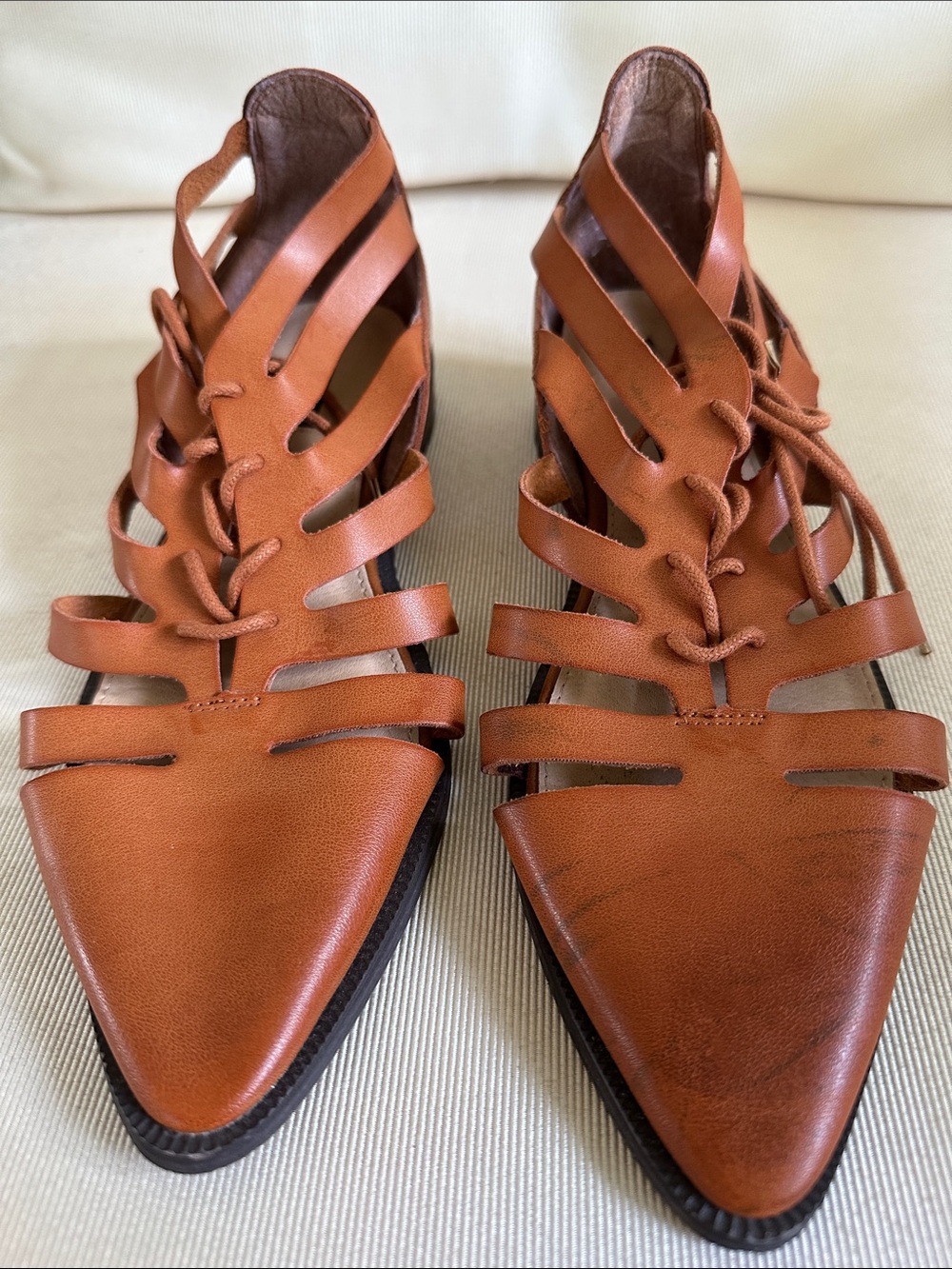 Forever 21 Lace-Up Pointed Toe Strappy Flats - Tan size 8